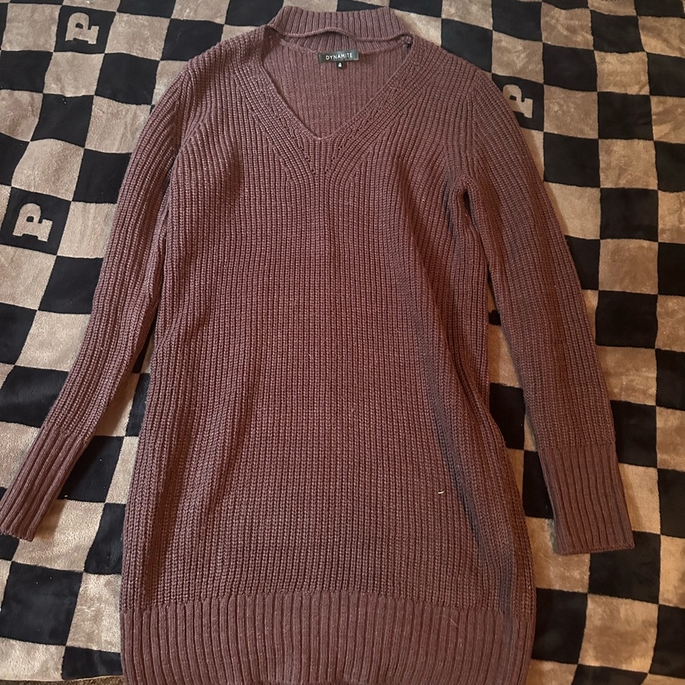 Women’s burgundy maroon dynamite v neck / turtleneck long sleeve sweater dress